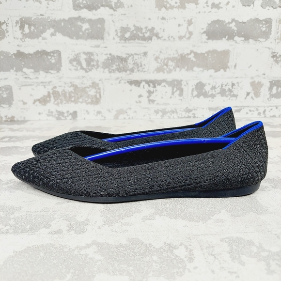 New Rothy's The Flat Black Crochet Pointy Toe Slip On Loafers W368